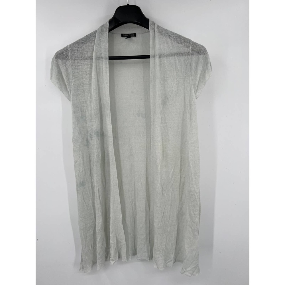 Eileen Fisher women's cream short sleeve long light weight cardigan sweater sz M